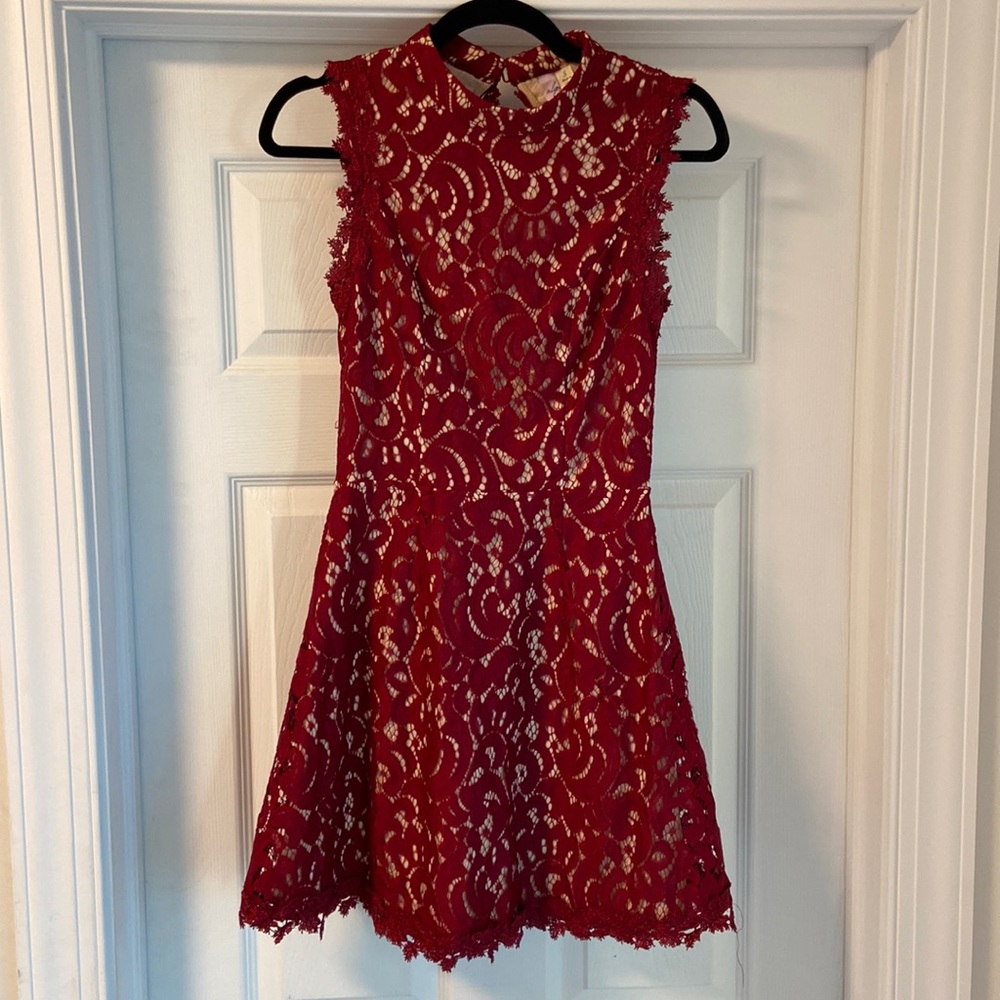 High neck Burgundy lace overlay dress with open back